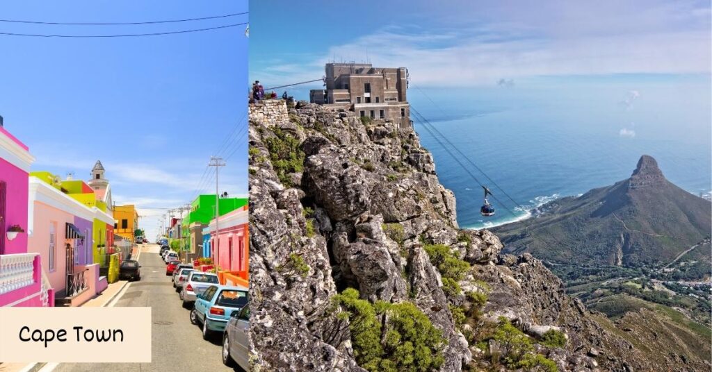 2 images - colourful street of cape town and aerial view of cable car for table mountain - 2-weeks in South Africa