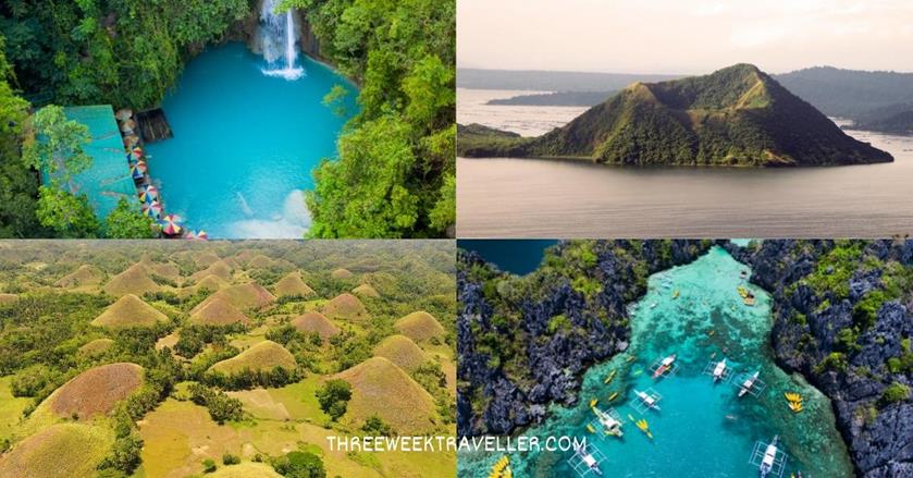 2 images - waterfalls surrounded by trees, taal volcano crater, twin lagoons with boats, chocolate hills - 2-Weeks In The Philippines