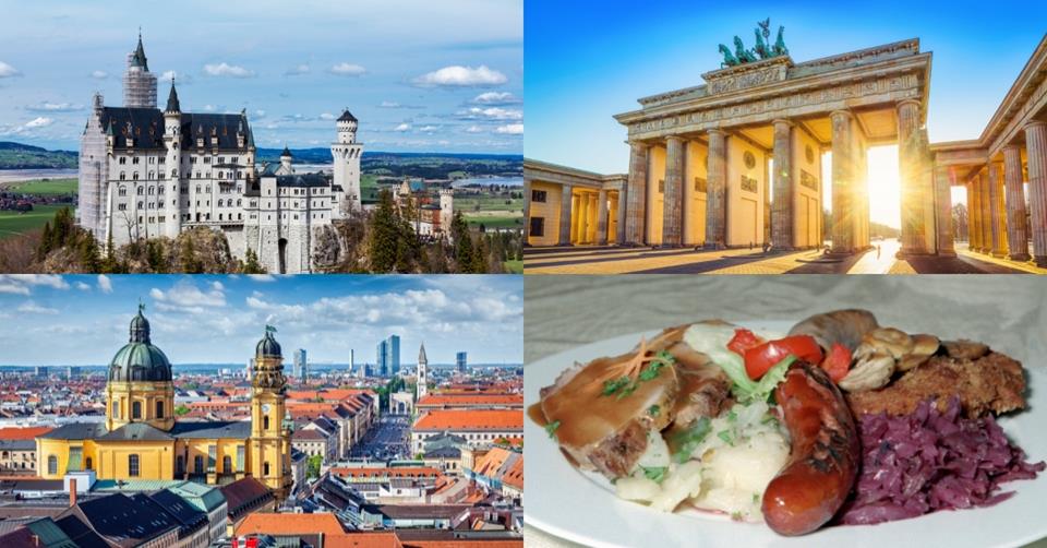4 images - Neuschwanstein Castle, Pariser Platz, Munich, German food platter - 2 weeks in Germany itinerary