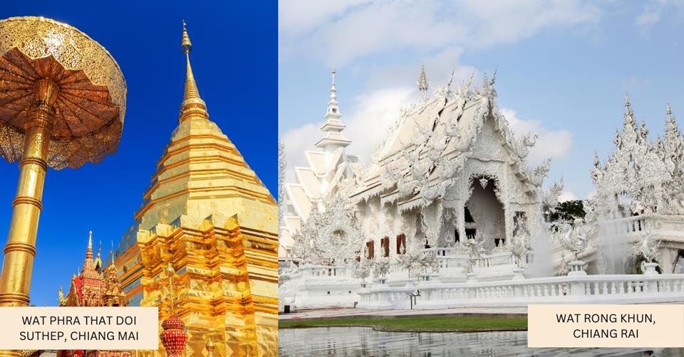 2 images - Wat Phra Thai Doi Suthep in Chiang Mai and the famous white temple of Wat Rong Khun in Chiang Rai - 2 Weeks in Thailand Itinerary