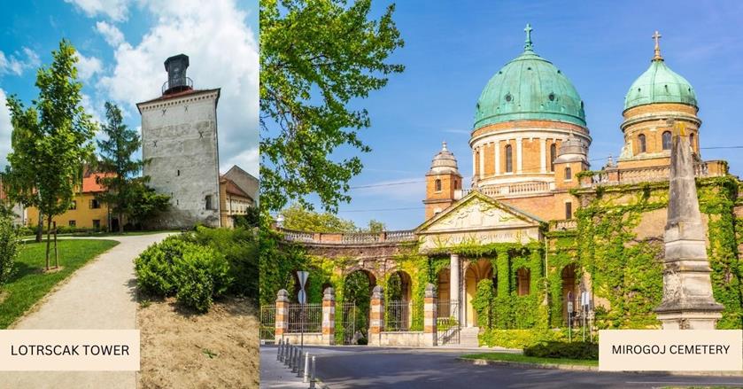2 images - Lotrscak Tower and Mirogoj Cemetery - 2 Weeks in Croatia Itinerary