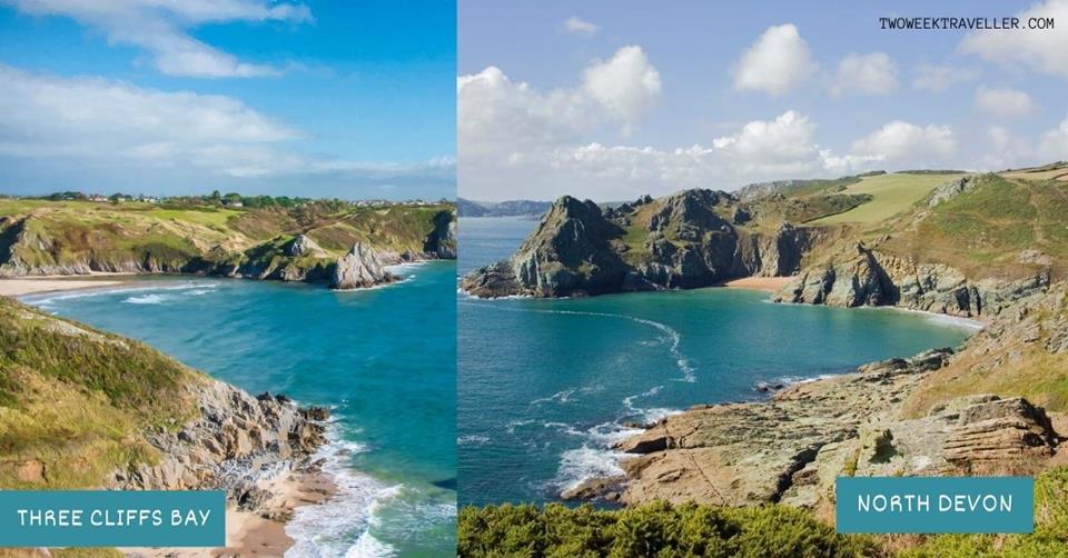 2 images - Three Cliffs Bay and North Devon - 2 Weeks in the UK Itinerary