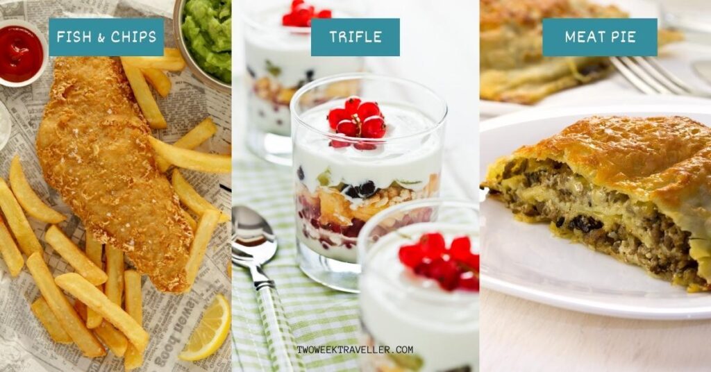 3 images - fish and chops, trifle, and meat pie