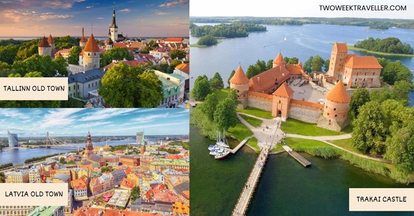 3 images - Trakai Castle in Lithuania, Riga Old Town, and Tallinn Old Town -