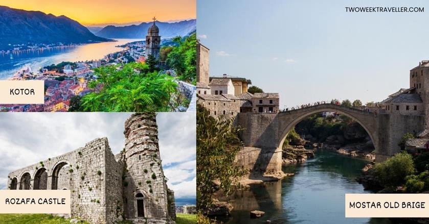 3 images - Kotor, Rozafa Castle, and Mostar Old Bridge