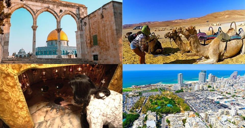 4 images - top left is Dome of Rock in Jerusalem. Top right is a girl and three camels in a desert. Bottom right is an aerial view of tall buildings and coastline of Tel Aviv. Bottom left is a photo of a lady touching the "spot" where Jesus was born in Bethlehem - 2 Weeks in Israel and Palestine Itinerary