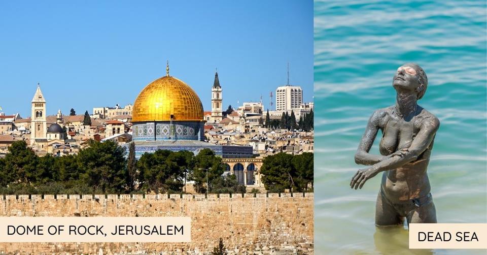 2 images - left is Dome of Rock in Jerusalem. Right photo is a girl wearing swimsuit and goggles covered in mud at the Dead Sea