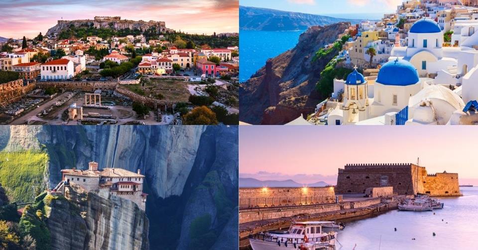 4 images - top left is the Athens' ruins. Top right is the traditional white houses in Santorini. Bottom right is Crete's Heraklion palace by the water. Bottom left is the Meteora monastery on top of a hill - 2 Weeks in Greece Itinerary