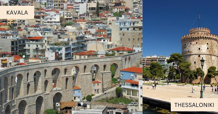 2 images - on the left is the ancient wall in Kavala. On teh right is the ancient tower of Thessaloniki