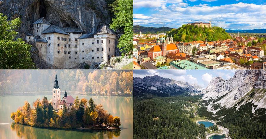 4 images - top left is the Predjama Castle in the cave in Postojna. top right is the Ljubljana Castle on top of a hill. Bottom right are the blue lakes and snowcapped mountains of Triglav Lakes Valley. Bottom left is the church in the middle of Lake Bled - 2 Weeks in Slovenia Itinerary