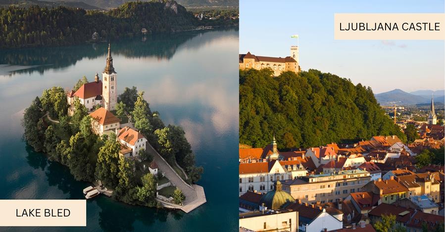 2 images - on the left is the top view of the church in the middle of Lake Bled. On the right is the Ljubljana castle on top of a hill surrounded by the city houses.