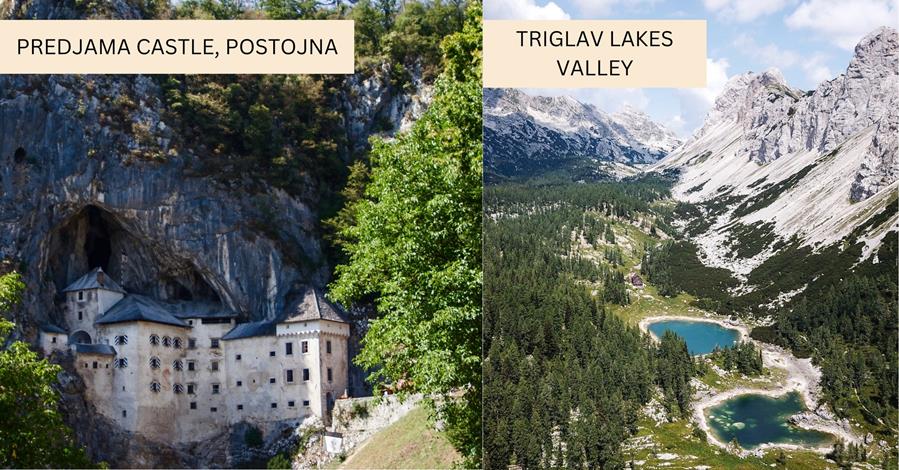 2 images - on the left is the Predjama Castle in the caves of Postojna. On the right is the beautiful blue lakes of Triglav Lakes Valley surrounded by snowcapped mountains