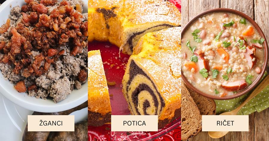 3 images of traditional Slovenian dishes - on the left is a plate of zganci. In the middle is a potica cake. On the right is a bowl of ricet - 2 Weeks in Slovenia Itinerary