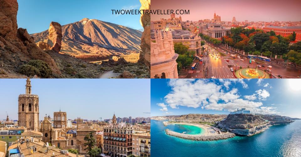 4 images - mount teide, madrid aerial shot, valencia, and gran canaria beach - 2-WEEKS IN SPAIN ITINERARY