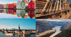 4 images - top left is the colourful houses in Trondheim square. top right is the ancient viking boat. bottom right is the trolltunga. bottom left is the skyline of stockholm -